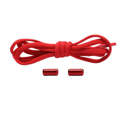 Red compact elastic no-tie shoelaces with a capsule lock.