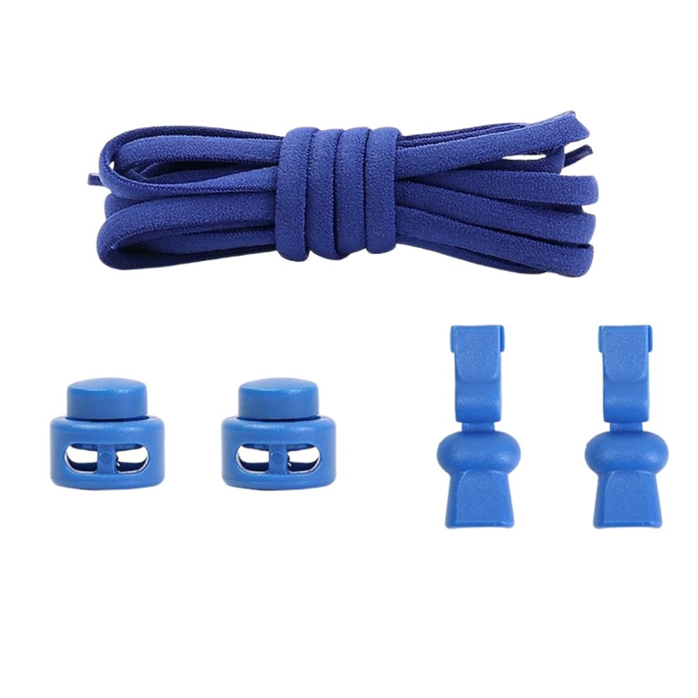 Royal blue compact elastic no-tie shoelaces with an adjustable lock.