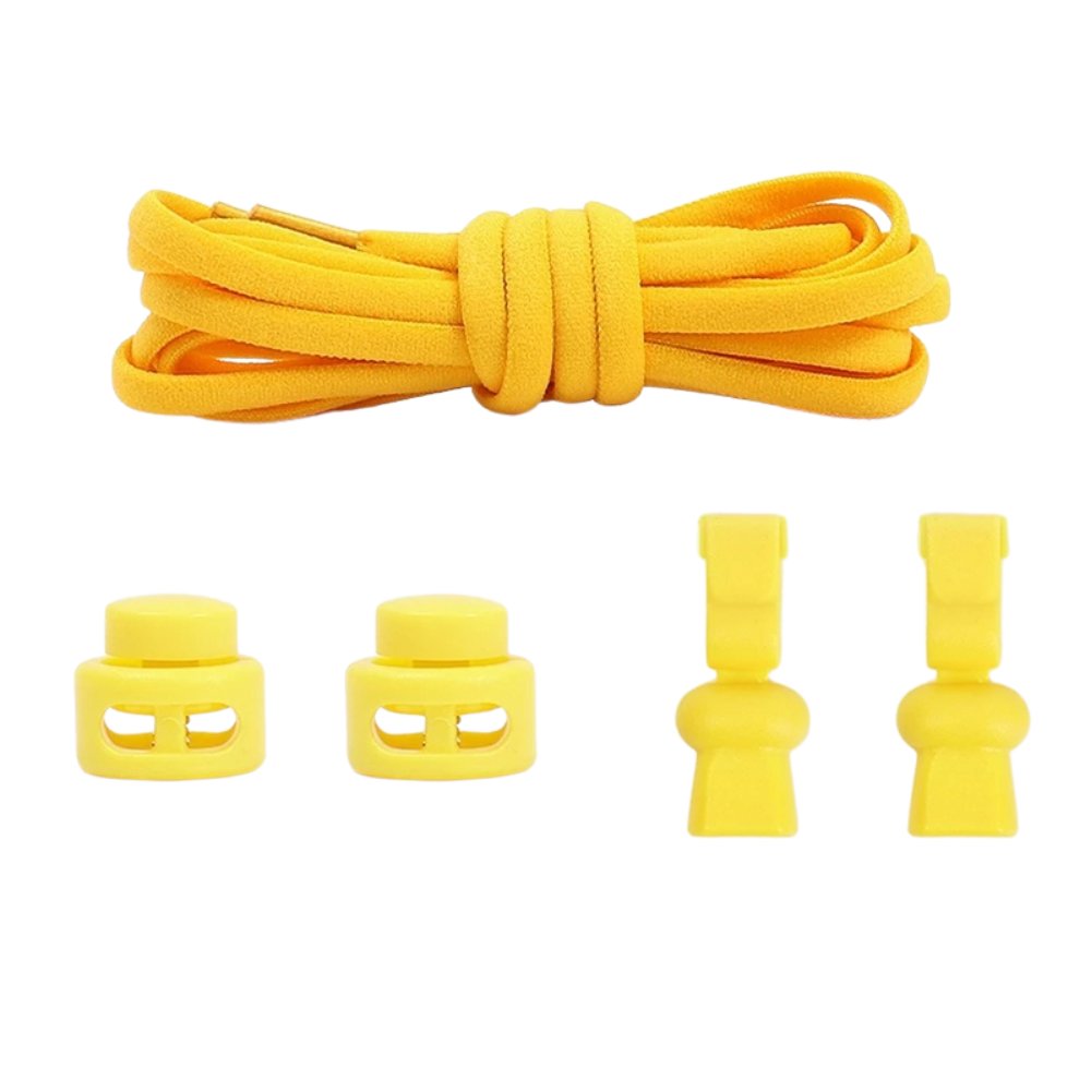 Yellow compact elastic no-tie shoelaces with an adjustable lock.