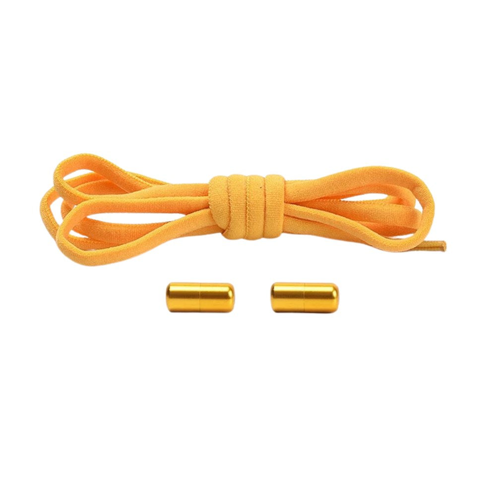 Yellow compact elastic no-tie shoelaces with a capsule lock.