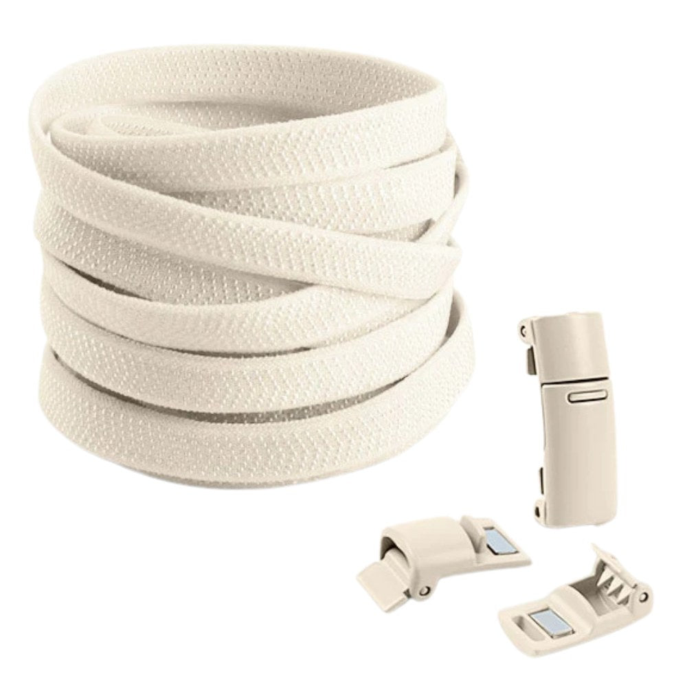 Beige elastic no-tie shoelaces with magnetic lock, subtle and elegant for any outfit.