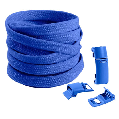 Blue elastic no-tie shoelaces with magnetic lock, adding style to a pair of sneakers.