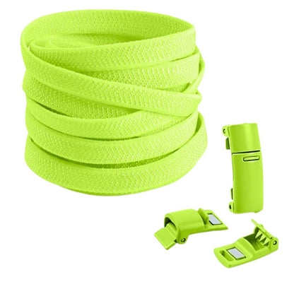 Fluorescent green elastic no-tie shoelaces with magnetic lock, vibrant and eye-catching for sporty shoes.