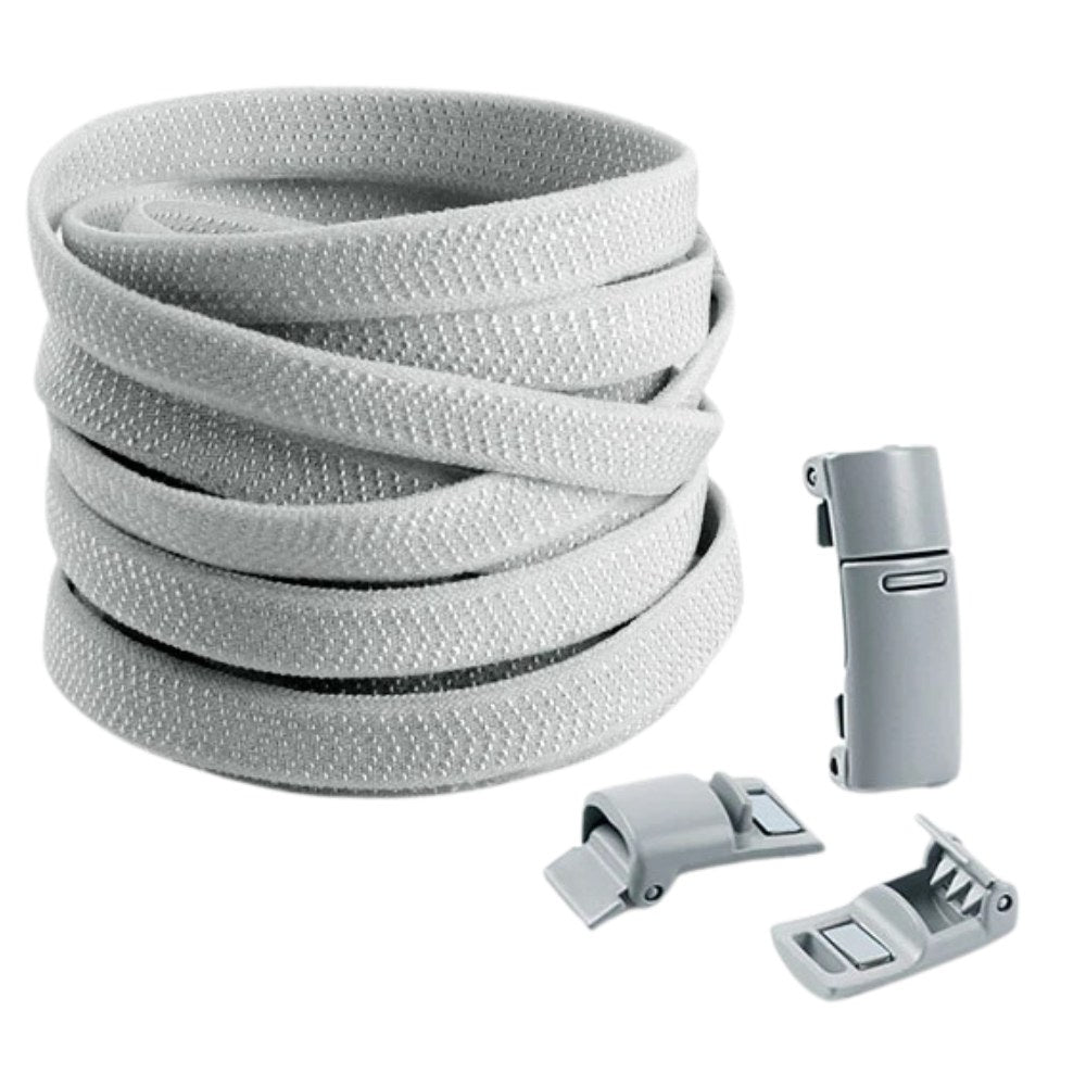 Gray elastic no-tie shoelaces with magnetic lock, sleek and neutral for all shoe types.