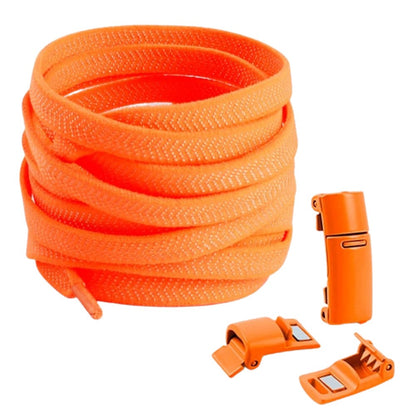 Orange elastic no-tie shoelaces with magnetic lock, bold and bright for sporty shoes.