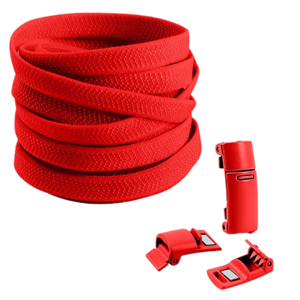 Red elastic no-tie shoelaces with magnetic lock, vibrant and stylish for casual shoes.