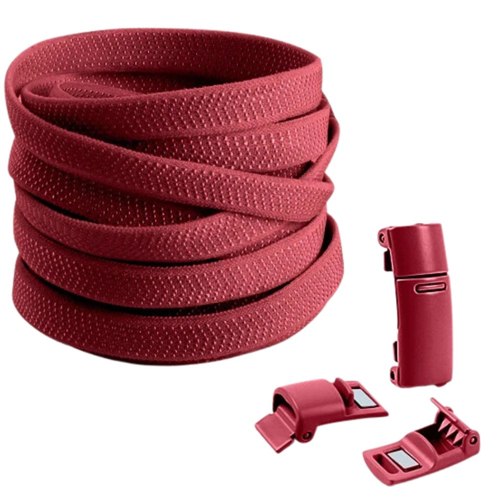 Wine red elastic no-tie shoelaces with magnetic lock, rich and elegant for casual or dress shoes.