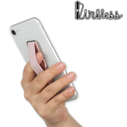 Close-up van de Pinkless Elastische Telefoongrip op een smartphone, toont gedetailleerd design en kwaliteit