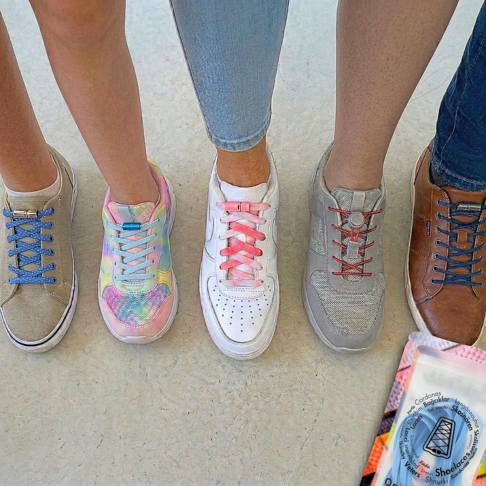 elastische veters zonder strikken in het grootste assortiment ter wereld afgebeeld in verschillende schoenen voor kinderen volwassenen senioren en mensen met beperkte mobiliteit