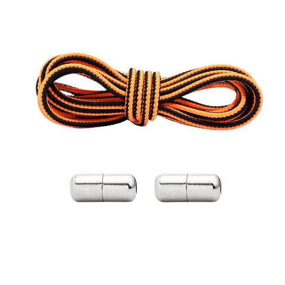 Black and orange Extra Strong elastic no-tie shoelaces with capsule lock.