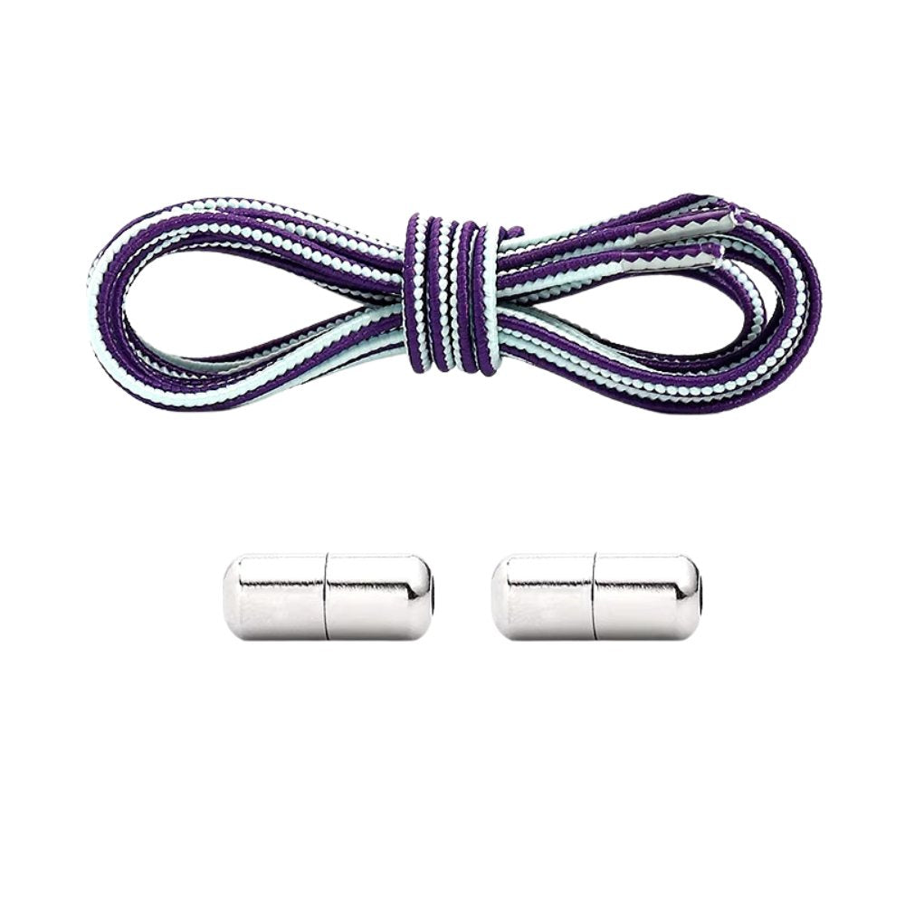 Blue, green, and purple Extra Strong elastic no-tie shoelaces with capsule lock.