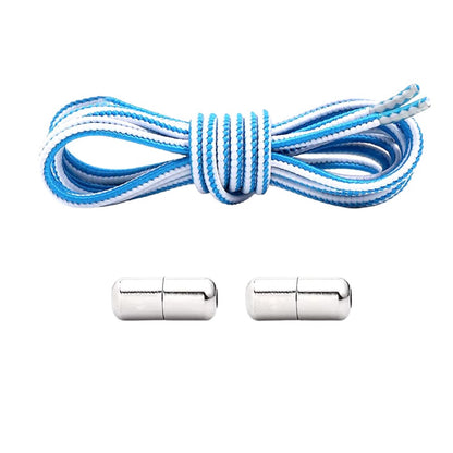 Blue and white Extra Strong elastic no-tie shoelaces with capsule lock.