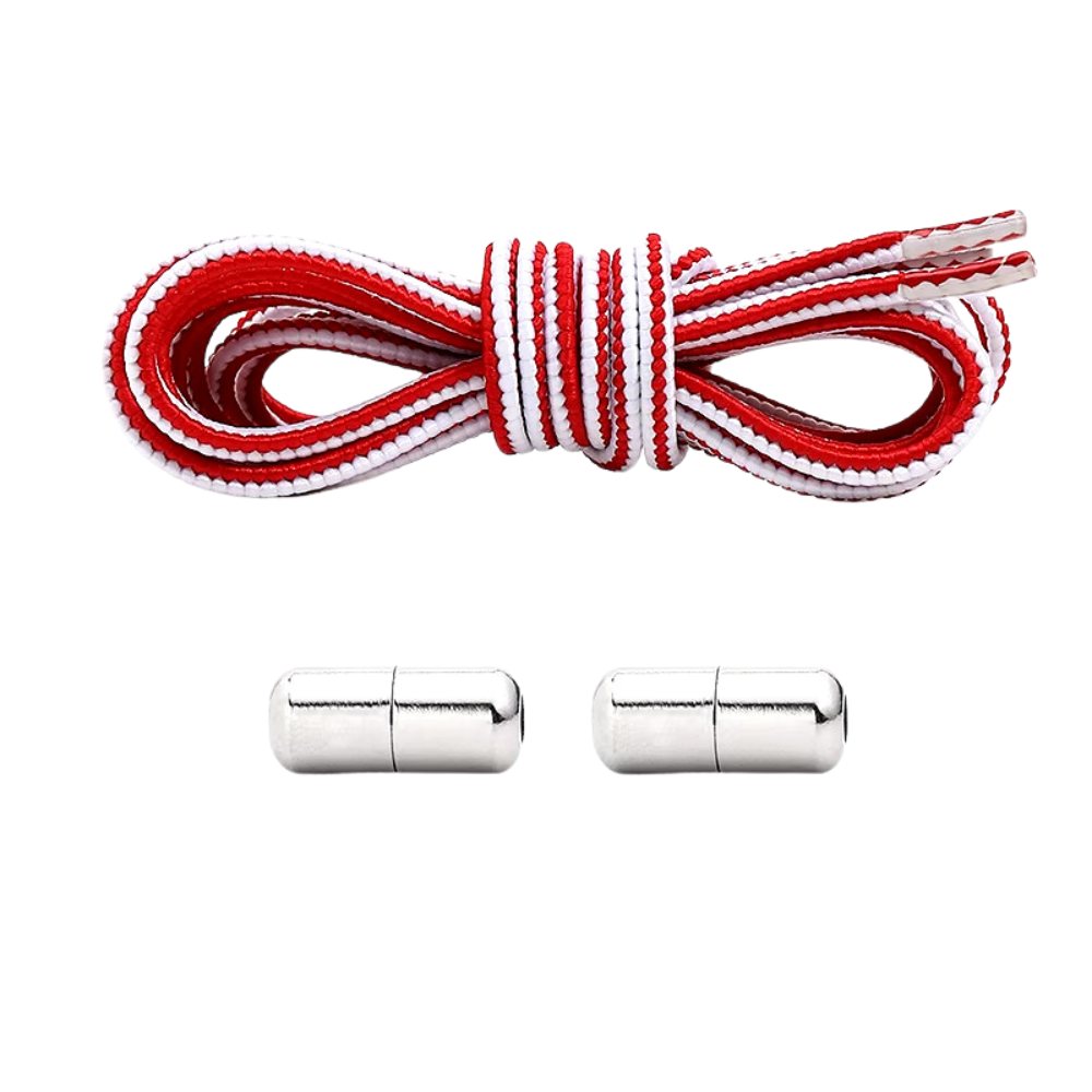 Red and white Extra Strong elastic no-tie shoelaces with capsule lock.