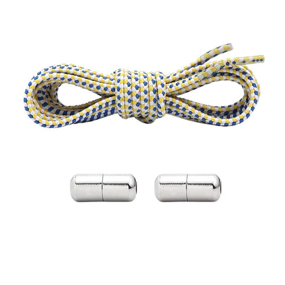 White, blue, and yellow Extra Strong elastic no-tie shoelaces with capsule lock.