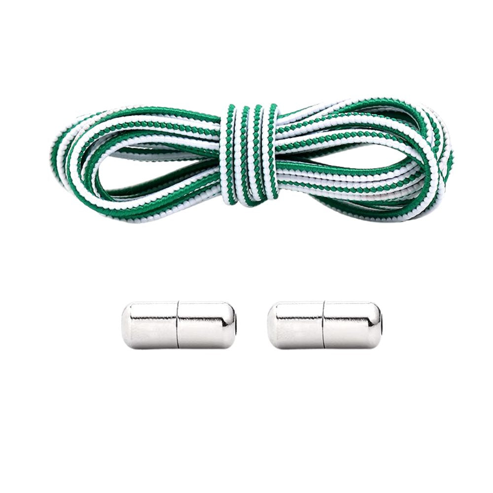 White and green Extra Strong elastic no-tie shoelaces with capsule lock.