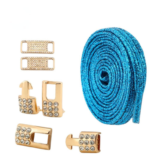 Blauwe platte glitter elastische veters van 6 mm met gouden charm en strass haak als sluiting