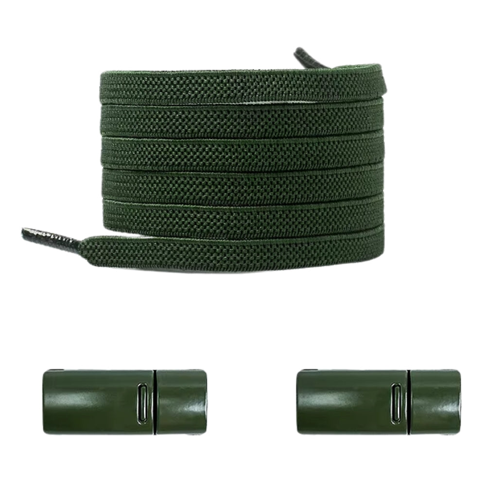 Army green natural-look no-tie shoelaces with magnetic lock, rugged and perfect for outdoor shoes.