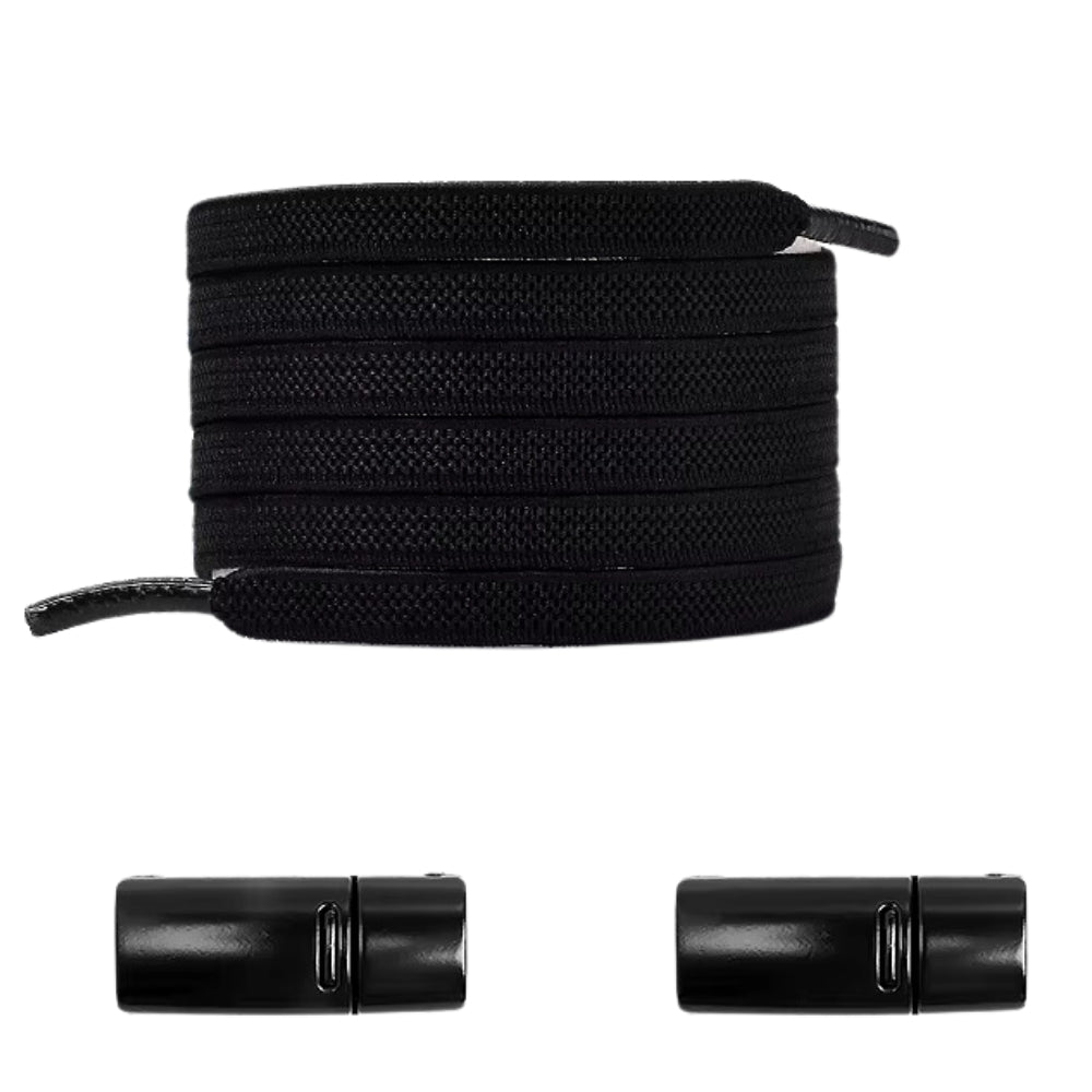 Black natural-look no-tie shoelaces with magnetic lock, offering a sleek fit for casual and athletic shoes.