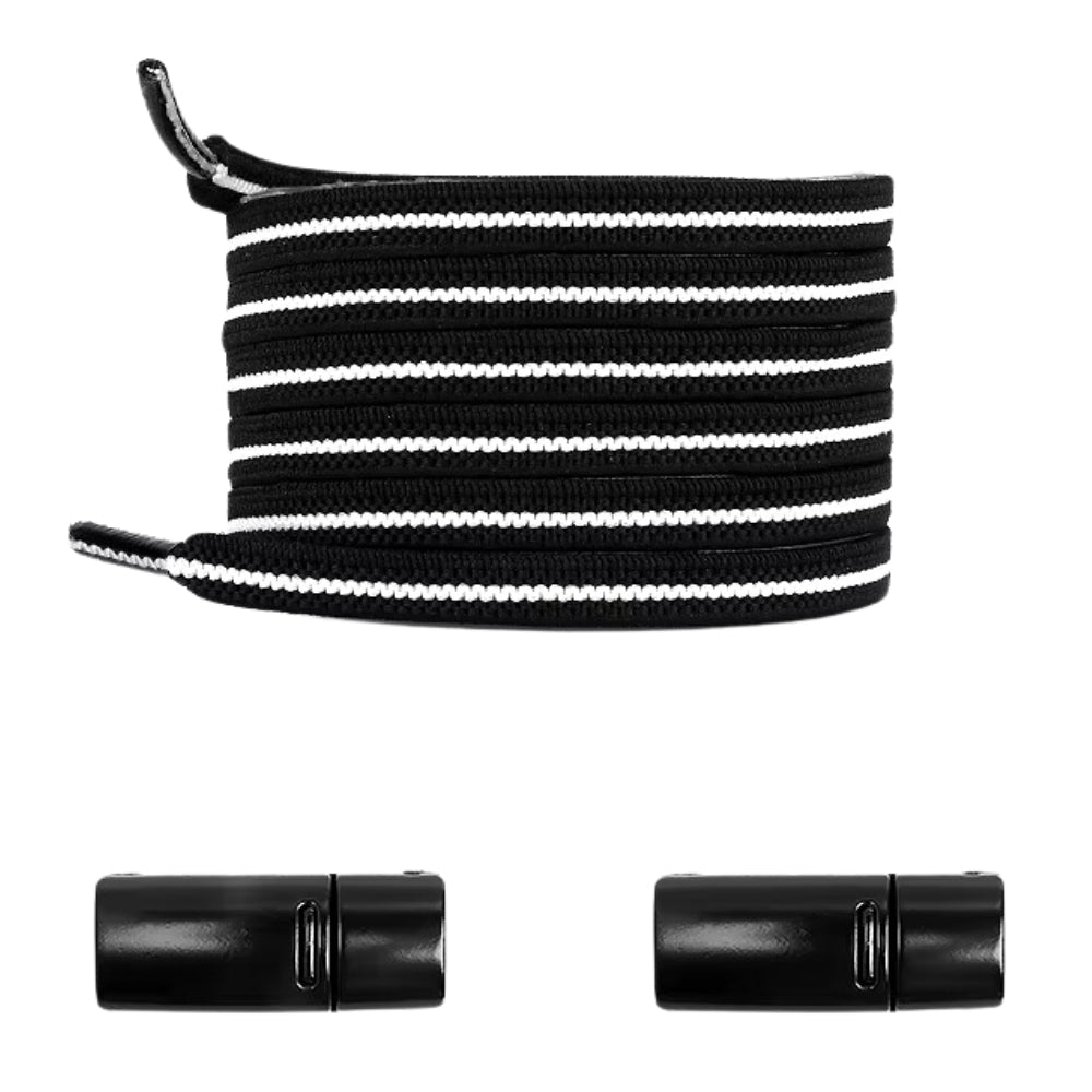 Black and white natural-look no-tie shoelaces with magnetic lock, for a sharp, modern contrast.