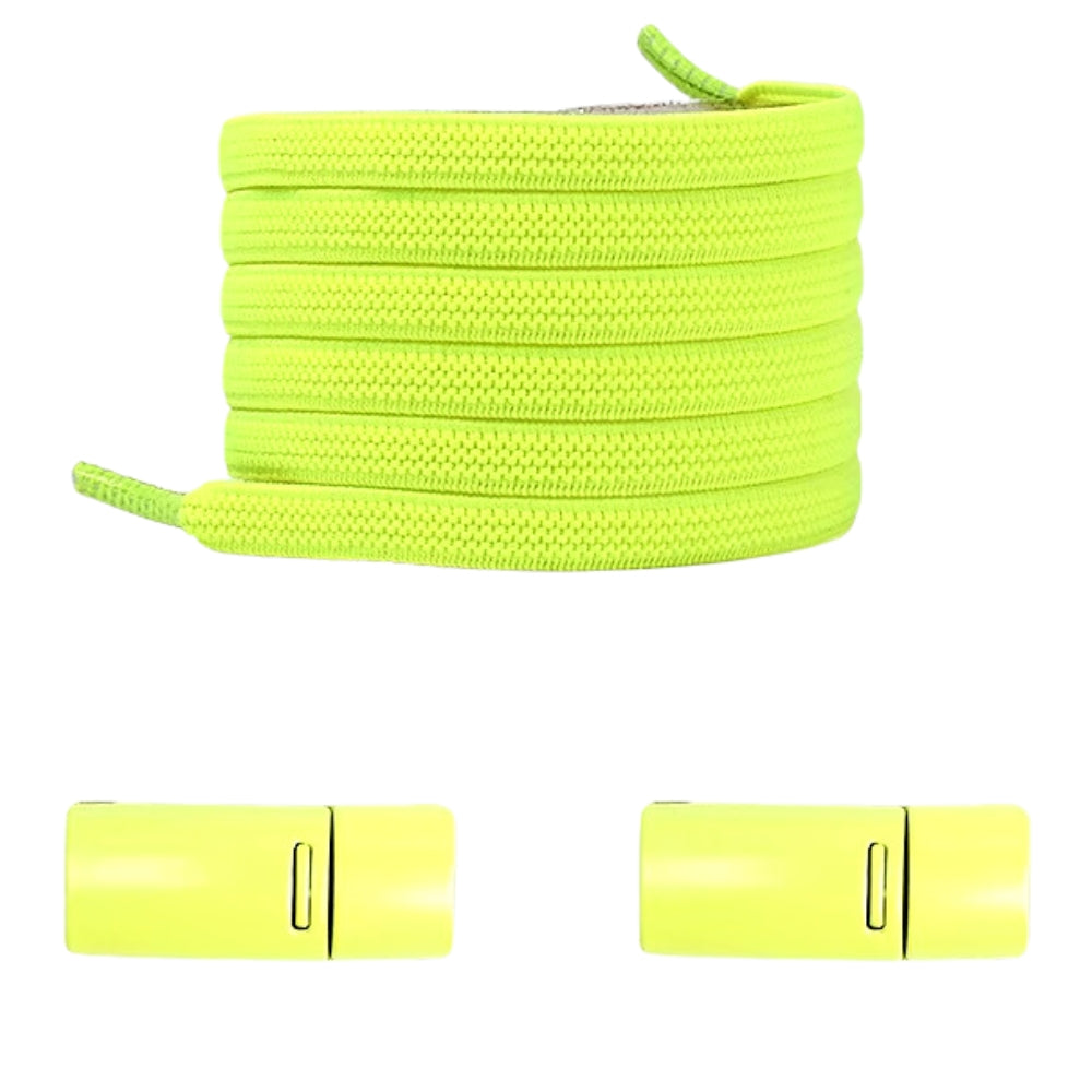 Fluorescent green natural-look no-tie shoelaces with magnetic lock, for a bold, sporty look.