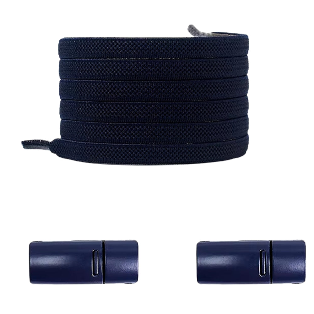 Navy blue natural-look no-tie shoelaces with magnetic lock, classic and timeless.