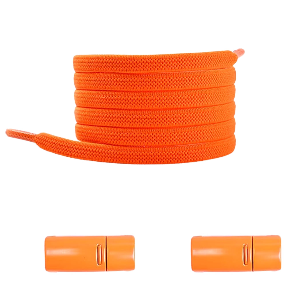 Orange natural-look no-tie shoelaces with magnetic lock, giving a bold, vibrant look.