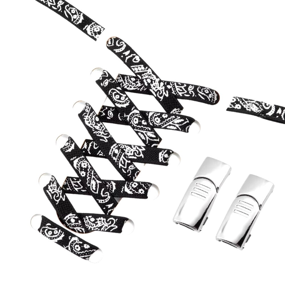 Black, and silver paisley-pattern elastic no-tie shoelaces with a matching Silver magnetic lock.