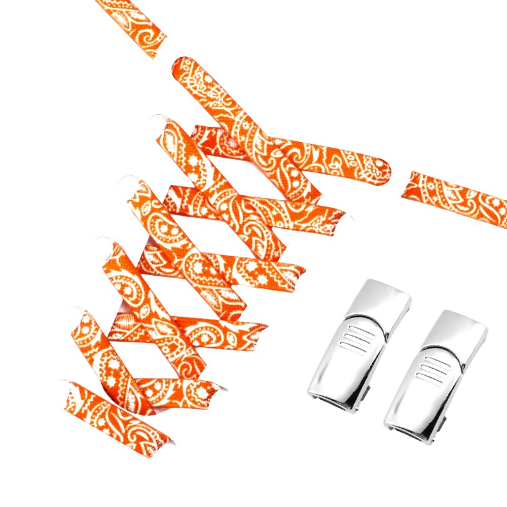 Orange and white paisley-pattern elastic no-tie shoelaces with a matching orange magnetic lock.