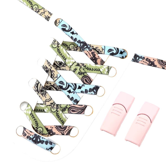 Roze, blauwe en groene paisley-patroon elastische veters zonder strikken met bijpassende roze magneetsluiting