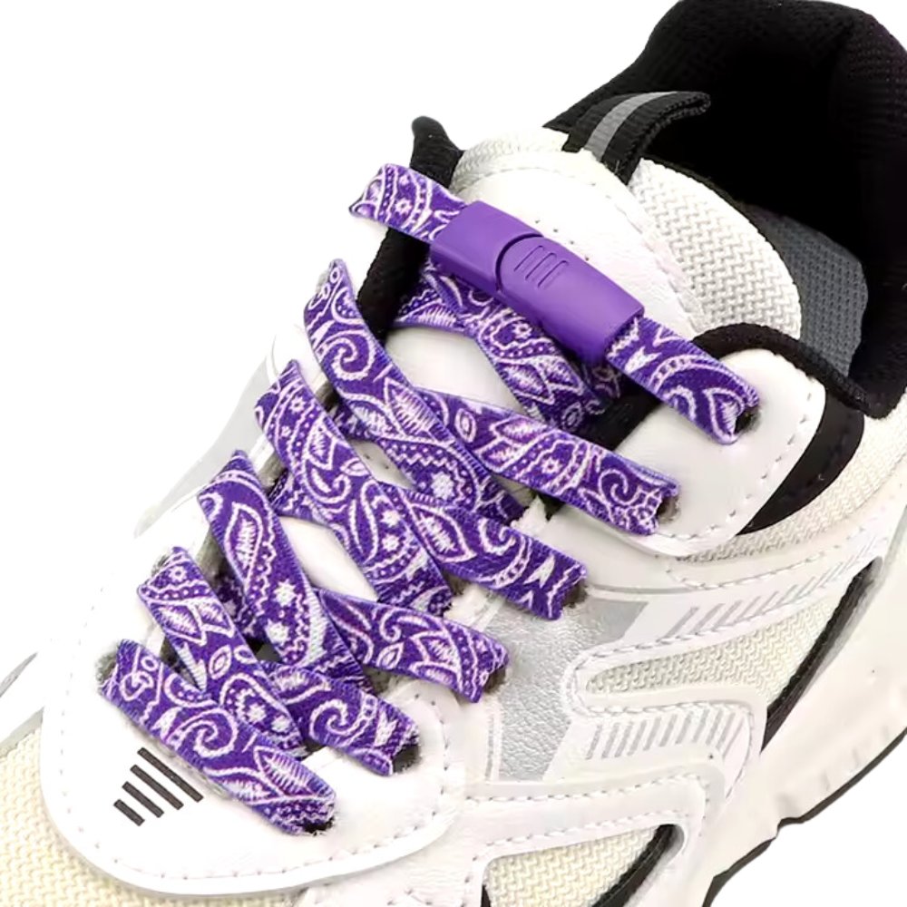 paisley-elastic-no-tie-shoelaces-purple-white-magnetic-lock-displayed-on-sneaker-side-angle