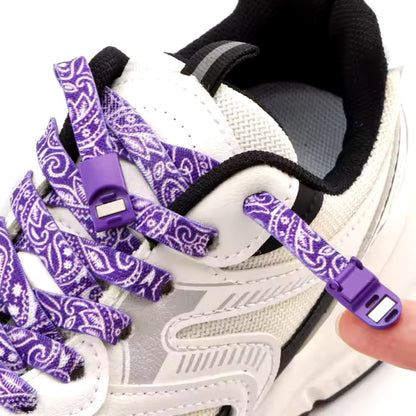 paisley-elastic-no-tie-shoelaces-purple-white-magnetic-lock-displayed-on-sneaker