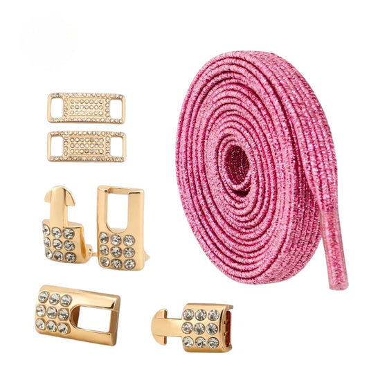 Roze platte glitter elastische veters van 6 mm met gouden charm en strass haak als sluiting