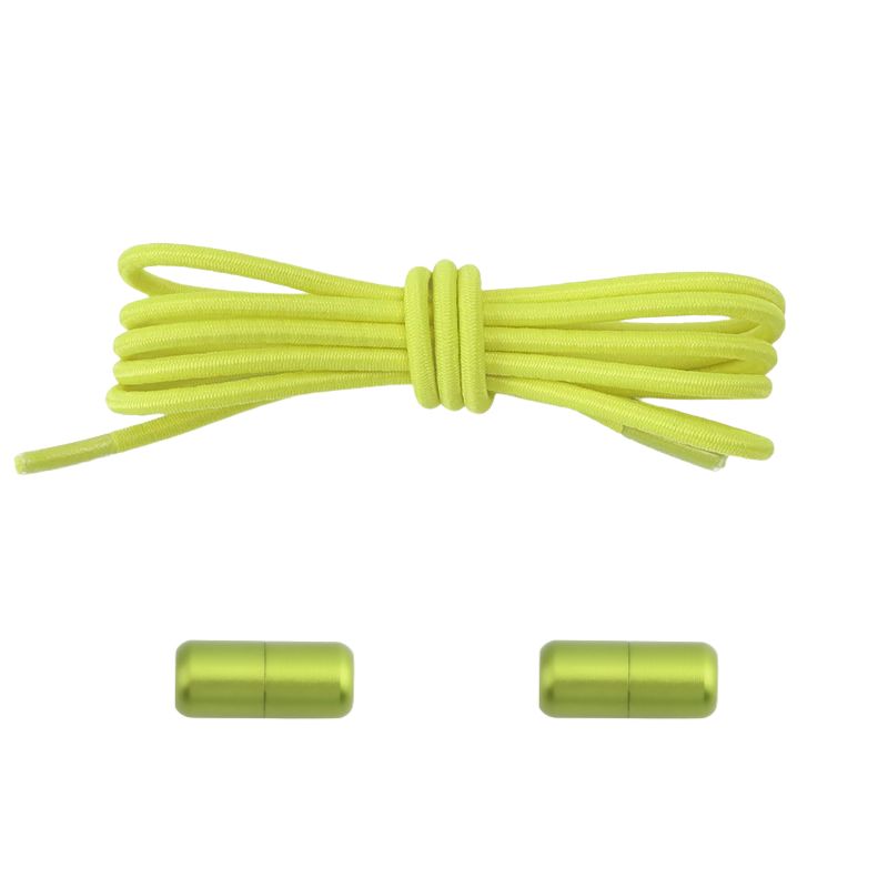 3 mm ronde elastische veters met draaicapsule sluitsysteem in fluorescerend geel, extra zichtbaar in hardloopschoenen