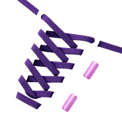 Platte 9 mm elastische veters in paars met draaicapsule sluitsysteem, voegt een vleugje kleur toe aan seniorenschoenen