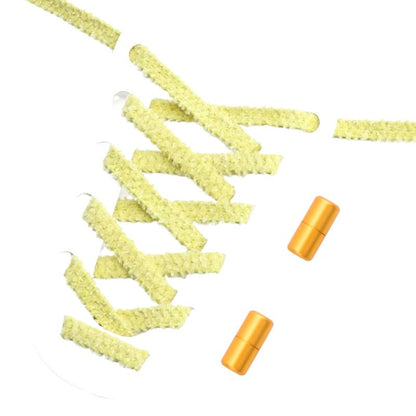 Geelgroene fluffy platte elastische veters met draaicapsule sluiting voor een frisse en opvallende touch zonder strikken