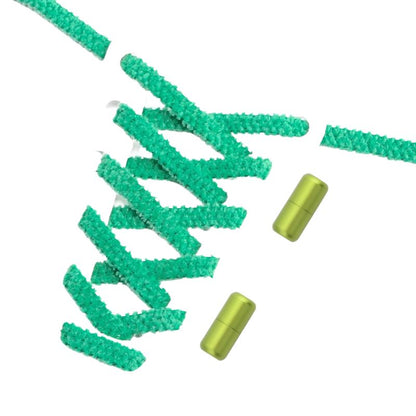 Grasgroene fluffy platte elastische veters met draaicapsule sluiting voor een natuurlijke en gemakkelijke styling