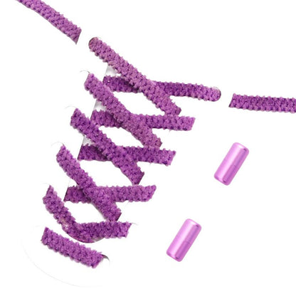 Paarse fluffy platte elastische veters met draaicapsule sluiting voor een stijlvolle en gemakkelijke pasvorm zonder strikken