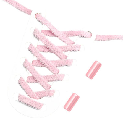 Roze fluffy platte elastische veters met draaicapsule sluiting voor een trendy en zachte pasvorm zonder strikken