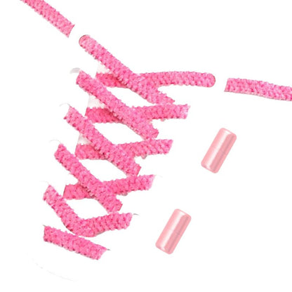 Rozerode fluffy platte elastische veters met draaicapsule sluiting voor een modieuze en comfortabele styling zonder veterstrikken
