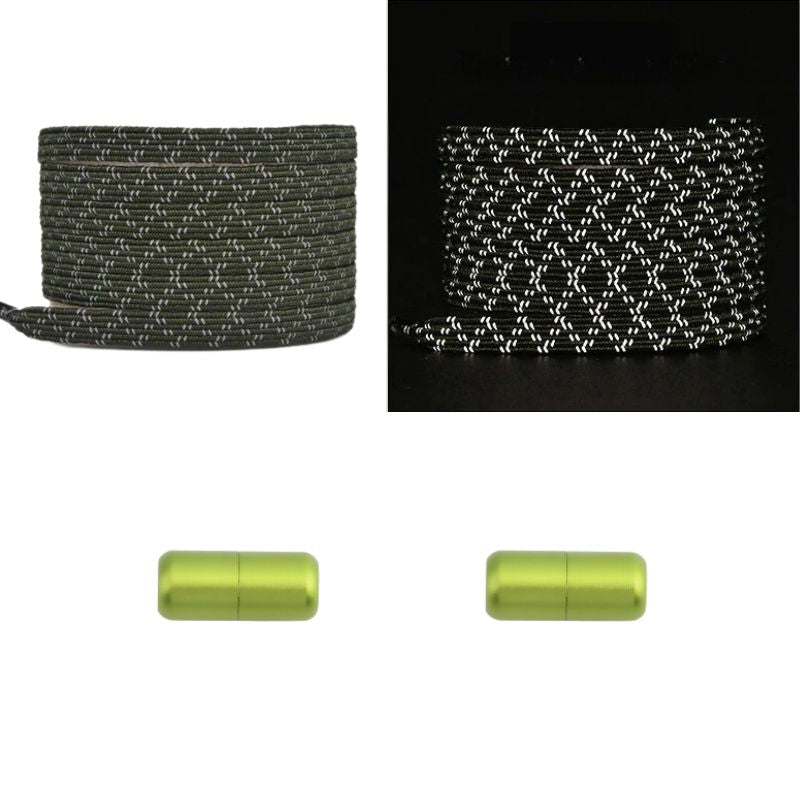 Mosgroene platte reflecterende elastische veters met capsulesluiting voor robuuste en veilige outdoor activiteiten