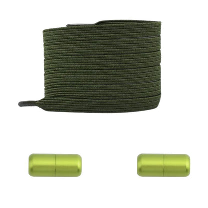 Mosgroene platte elastische veters met capsulesluiting voor een stoere en functionele look