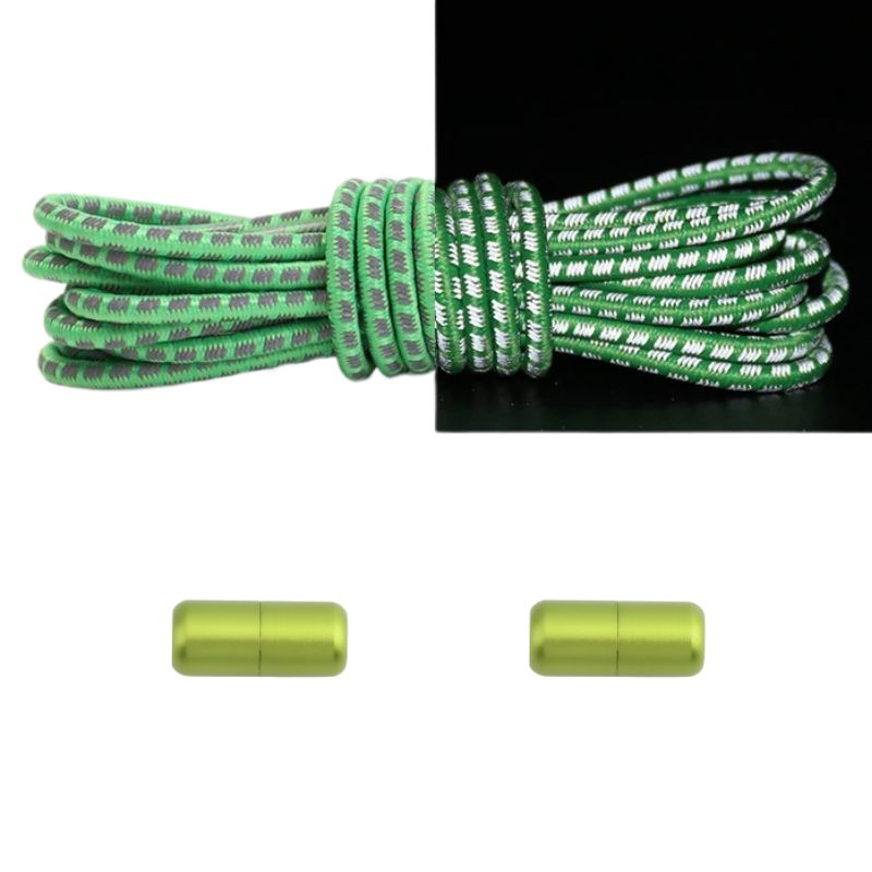 Reflecterende ronde 3 mm elastische veters groen met draaicapsule sluiting voor een natuurlijke look met veiligheid
