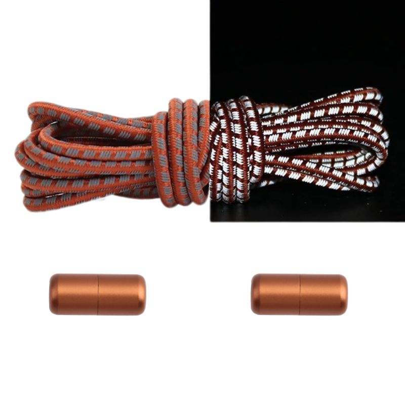Reflecterende ronde 3 mm elastische veters koffiekleurig met draaicapsule sluiting voor een warme, veilige tocht