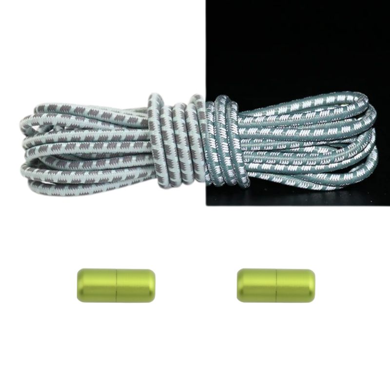 Reflecterende ronde 3 mm elastische veters lichtgroen met draaicapsule sluiting voor extra zichtbaarheid bij avondsport