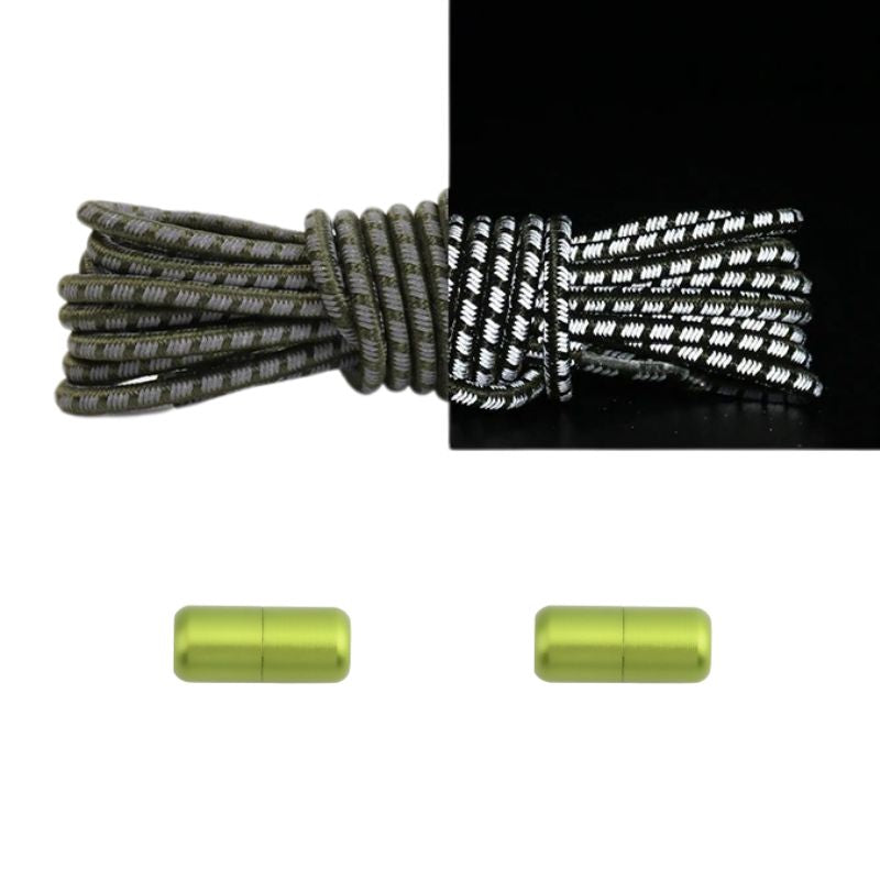Reflecterende ronde 3 mm elastische veters mosgroen met draaicapsule sluiting voor robuuste veiligheid
