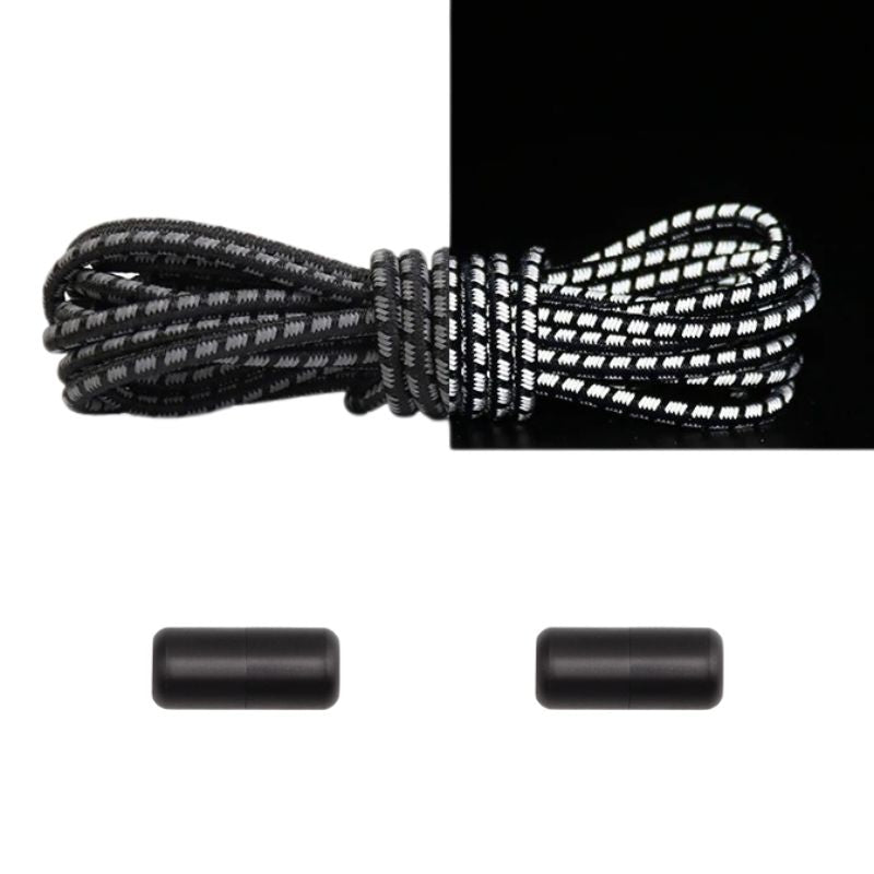 Reflecterende ronde 3 mm elastische veters zwart met draaicapsule sluiting voor klassieke veiligheid zonder strikken