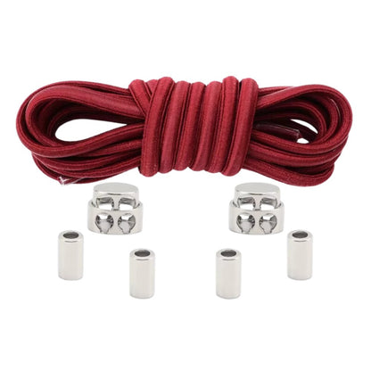 Dark red robust oval elastic no-tie shoelaces with a metal adjustable lock.