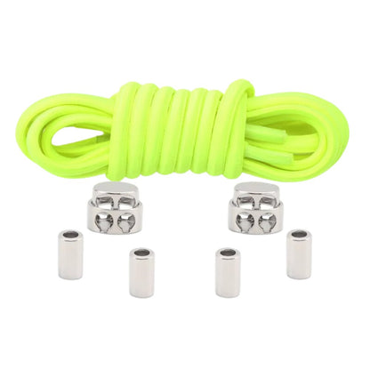 Fluorescent green robust oval elastic no-tie shoelaces with a metal adjustable lock.