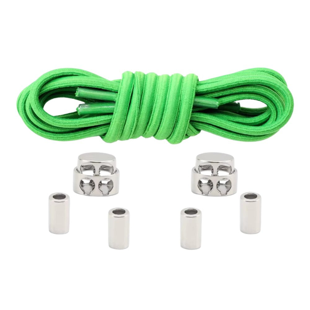 Green robust oval elastic no-tie shoelaces with a metal adjustable lock.