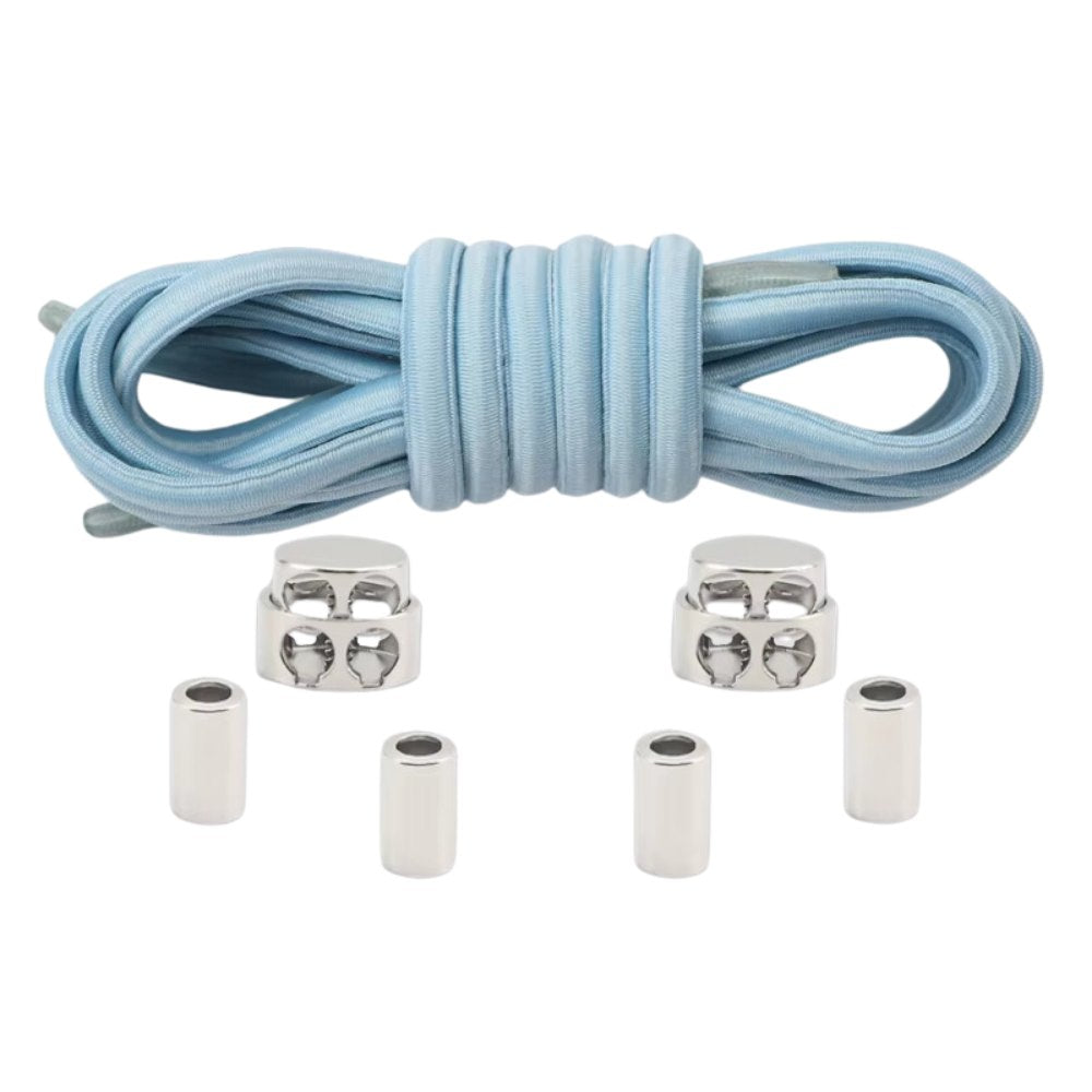 Light blue robust oval elastic no-tie shoelaces with a metal adjustable lock.